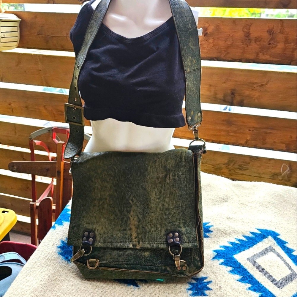Distressed Army Green Leather Messenger Bag